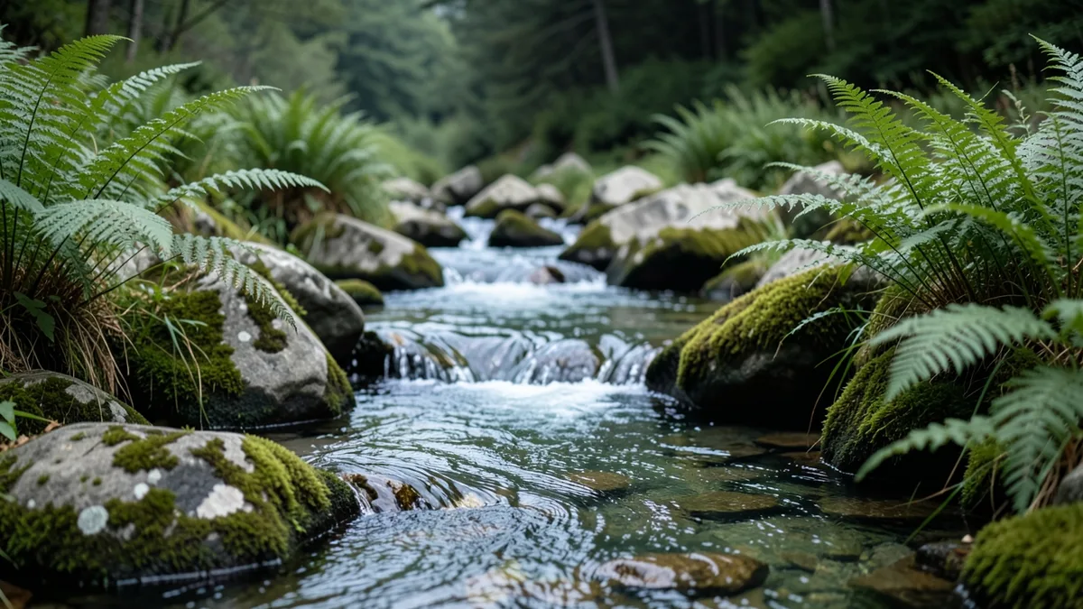 Bistri planinski potok s kamenjem i paprati