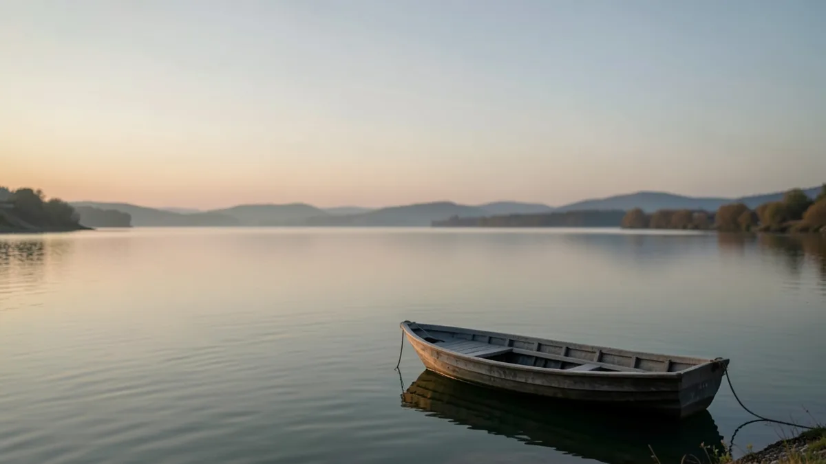 Velika rijeka u sumrak i mali ravni čamac uz obalu