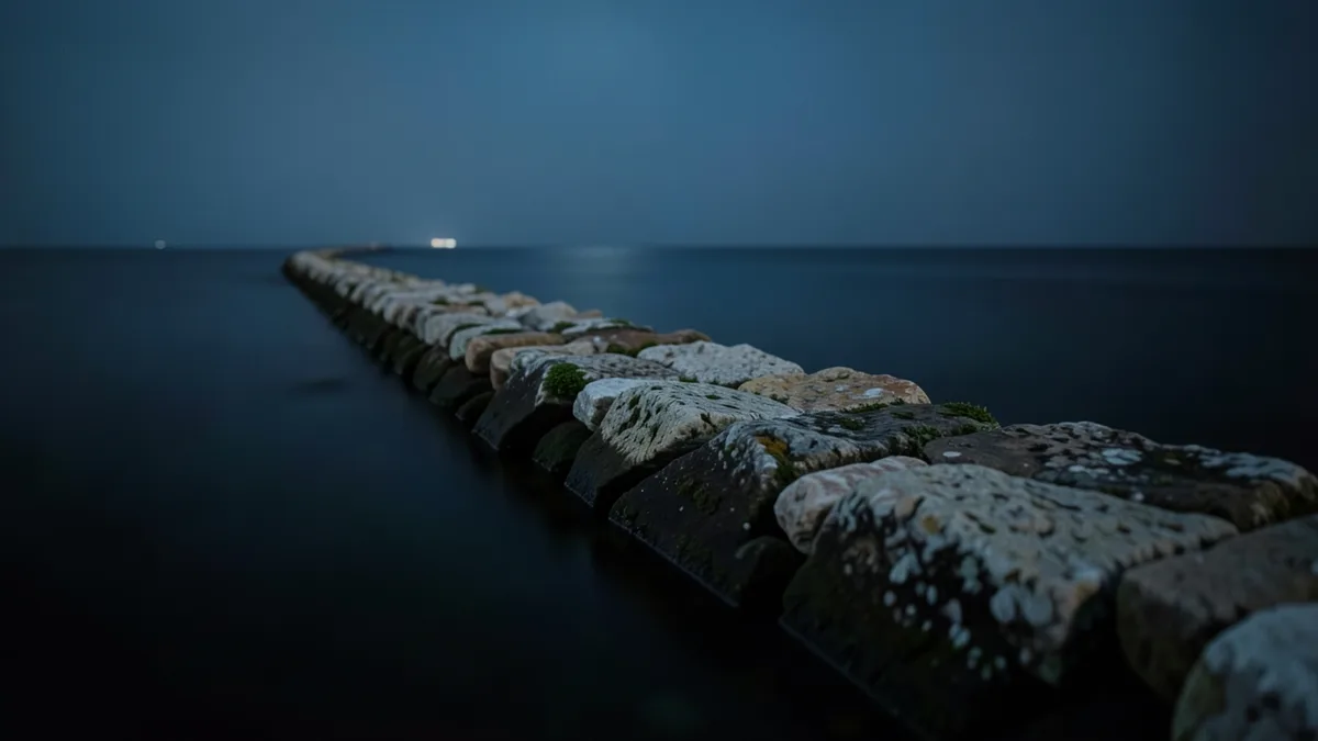 Stari kameni lukobran noću uz tamno more